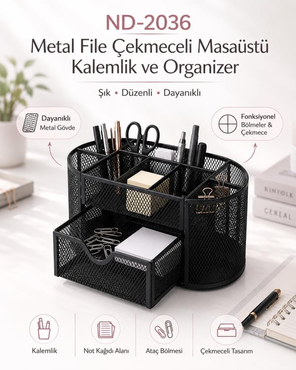 Need ND-2036 Metal File Çekmeceli Masaüstü Kalemlik