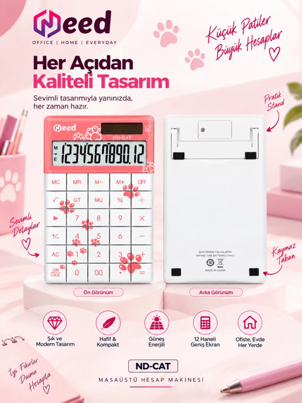 Need ND-CAT Pembe Pati Desenli 12 Haneli Masaüstü Hesap Makinesi