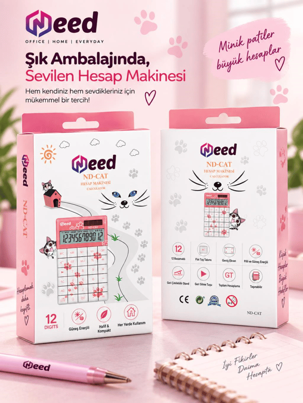 Need ND-CAT Pembe Pati Desenli 12 Haneli Masaüstü Hesap Makinesi