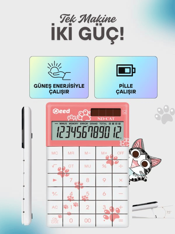 Need ND-CAT Pembe Pati Desenli 12 Haneli Masaüstü Hesap Makinesi