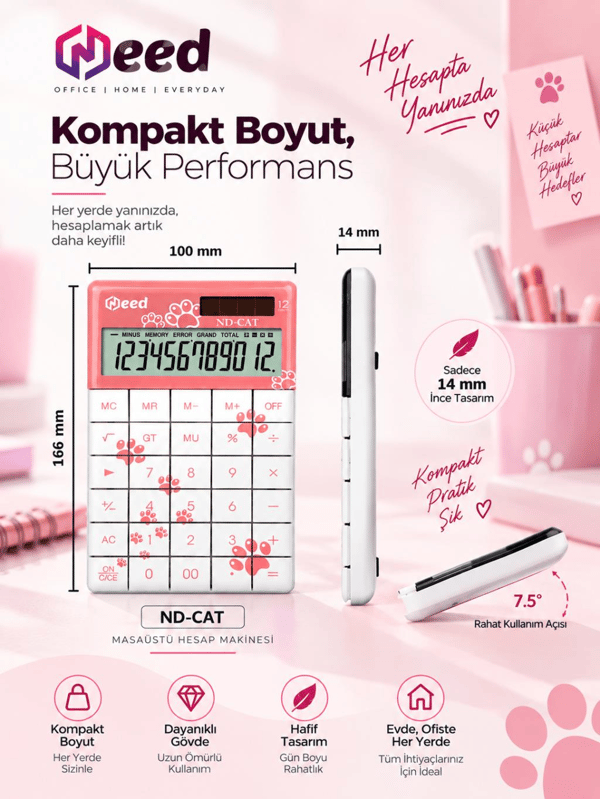 Need ND-CAT Pembe Pati Desenli 12 Haneli Masaüstü Hesap Makinesi