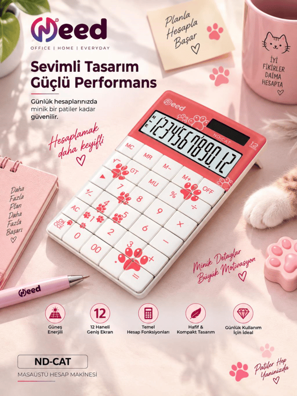 Need ND-CAT Pembe Pati Desenli 12 Haneli Masaüstü Hesap Makinesi