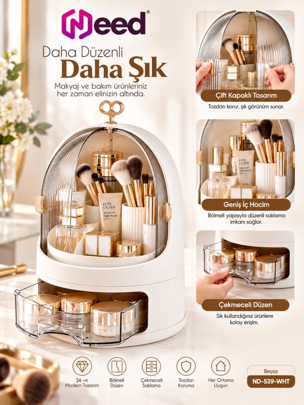 Need Oval Çift Kapaklı Çekmeceli Makyaj ve Kozmetik Organizeri – Beyaz – ND-539-WHT
