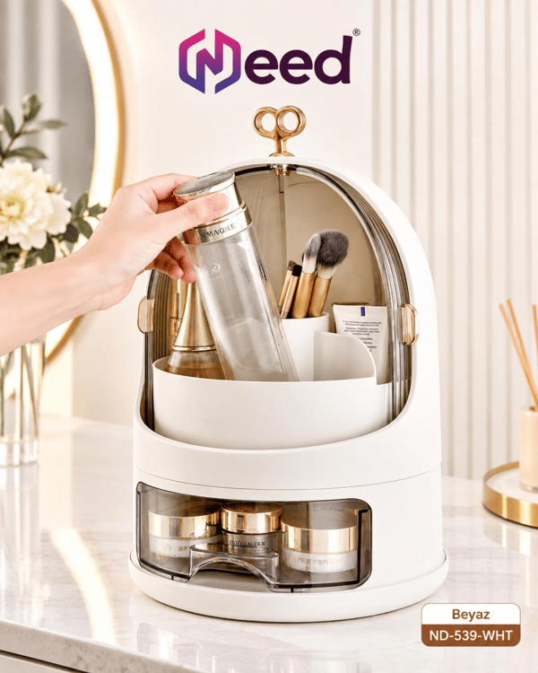 Need Oval Çift Kapaklı Çekmeceli Makyaj ve Kozmetik Organizeri – Beyaz – ND-539-WHT