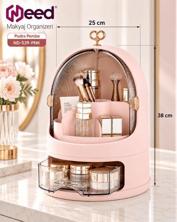 Need Oval Çift Kapaklı Çekmeceli Makyaj ve Kozmetik Organizeri – Pudra Pembe – ND-539-PNK
