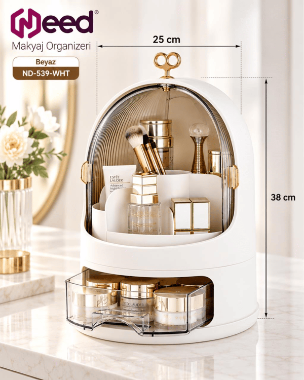 Need Oval Çift Kapaklı Çekmeceli Makyaj ve Kozmetik Organizeri – Beyaz – ND-539-WHT