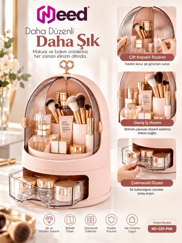 Need Oval Çift Kapaklı Çekmeceli Makyaj ve Kozmetik Organizeri – Pudra Pembe – ND-539-PNK