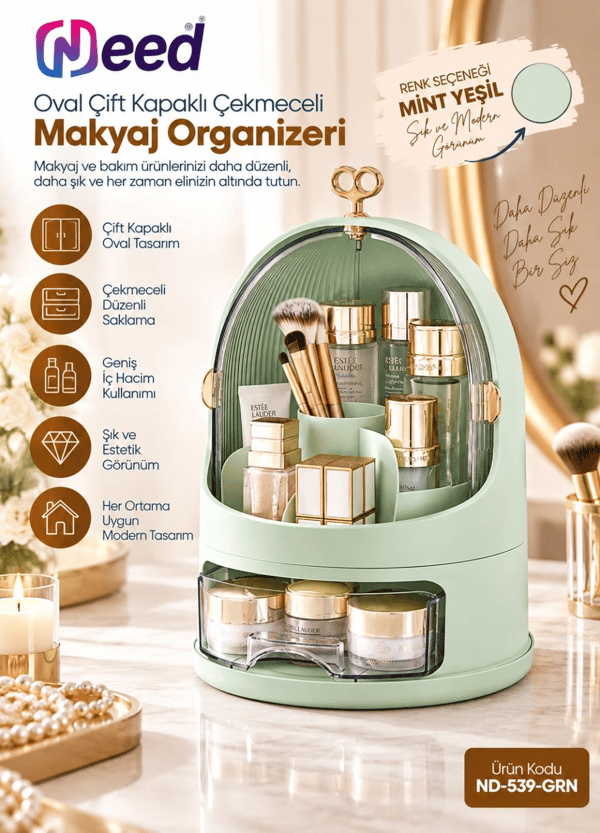 Need Oval Çift Kapaklı Çekmeceli Makyaj ve Kozmetik Organizeri – Mint Yeşil – ND-539-GRN