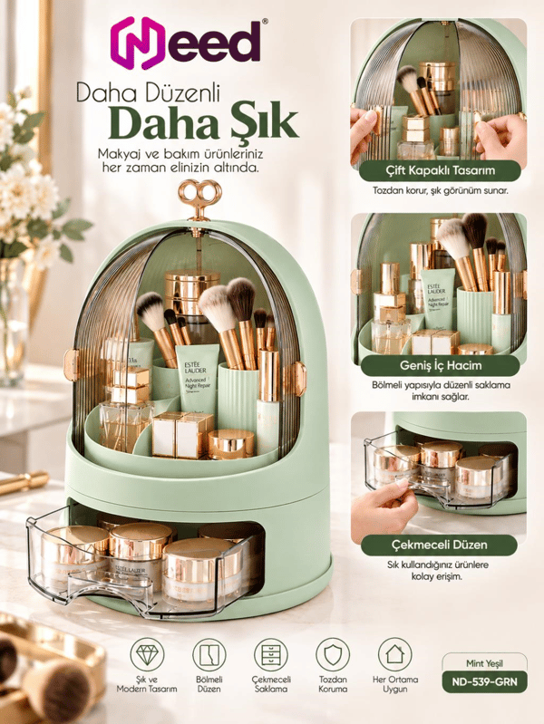 Need Oval Çift Kapaklı Çekmeceli Makyaj ve Kozmetik Organizeri – Mint Yeşil – ND-539-GRN