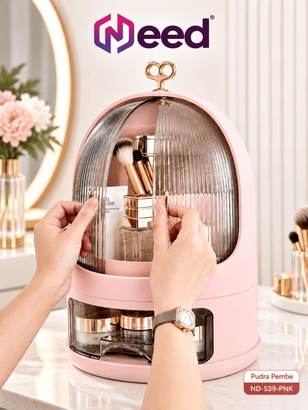 Need Oval Çift Kapaklı Çekmeceli Makyaj ve Kozmetik Organizeri – Pudra Pembe – ND-539-PNK