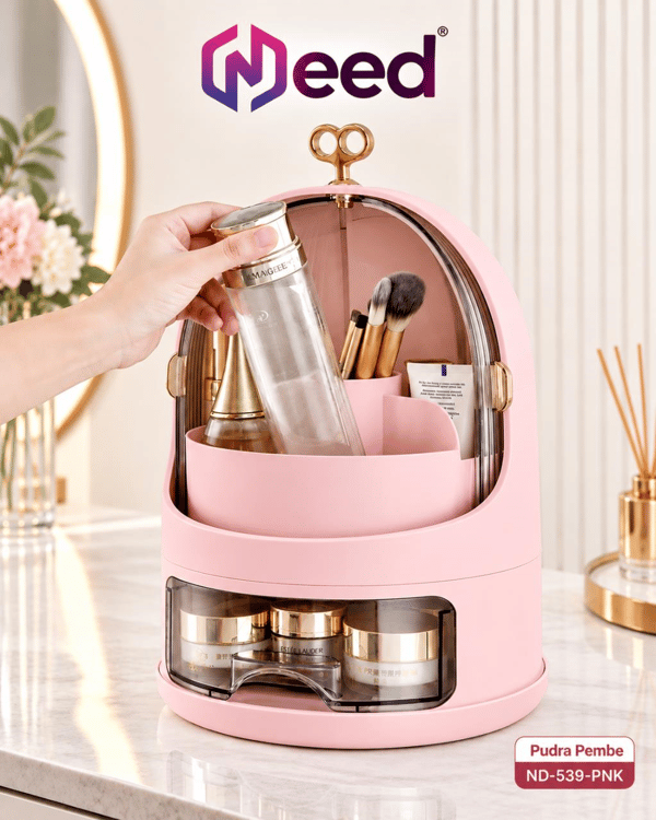 Need Oval Çift Kapaklı Çekmeceli Makyaj ve Kozmetik Organizeri – Pudra Pembe – ND-539-PNK