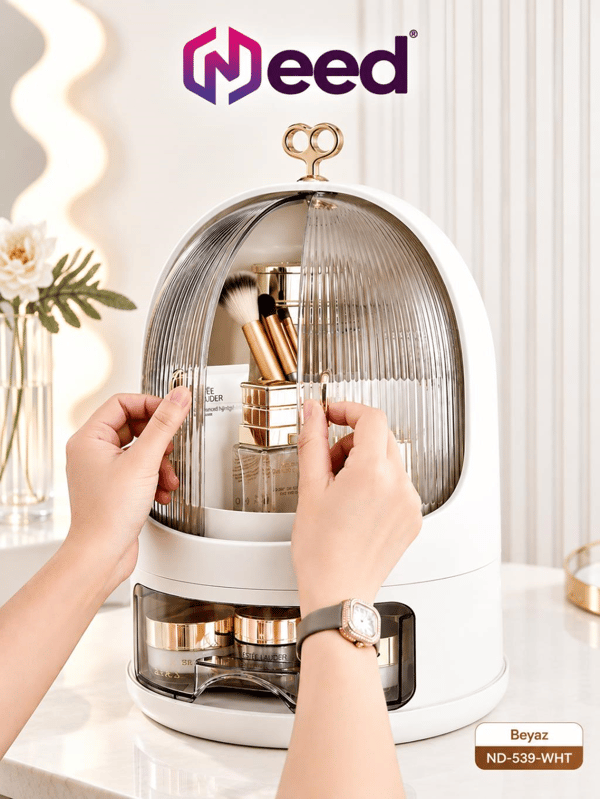 Need Oval Çift Kapaklı Çekmeceli Makyaj ve Kozmetik Organizeri – Beyaz – ND-539-WHT