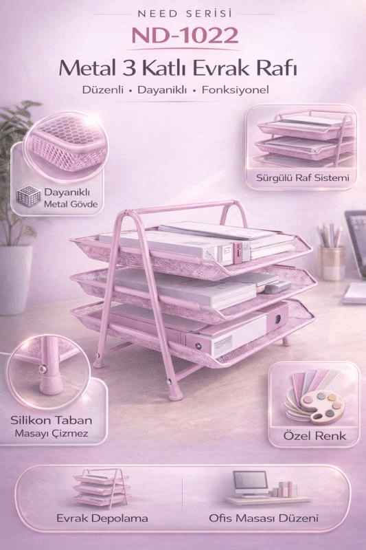 Need Perfore 3 Katlı Toz Pembe Evrak Rafı - ND-1022