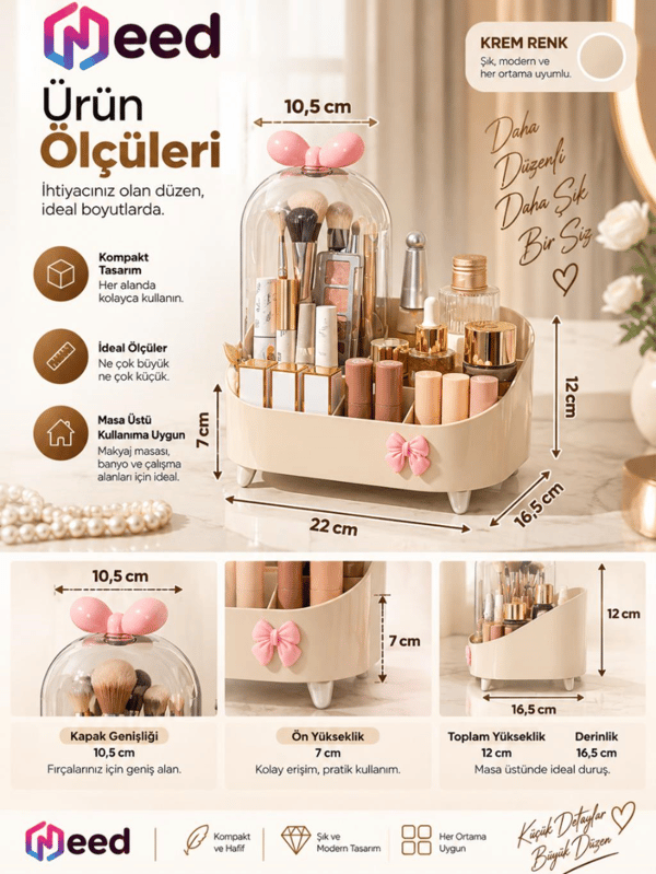 Need Şeffaf Kapaklı Toz Korumalı Fırçalık Bölmeli Makyaj Organizeri Kozmetik Düzenleyici – Krem ND-8069-CRM
