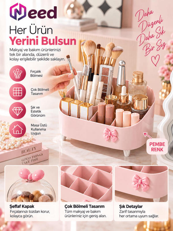 Need Şeffaf Kapaklı Toz Korumalı Fırçalık Bölmeli Makyaj Organizeri Kozmetik Düzenleyici – Pembe ND-8069-PNK