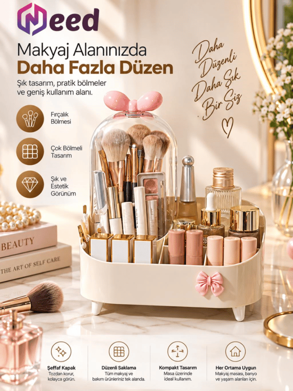 Need Şeffaf Kapaklı Toz Korumalı Fırçalık Bölmeli Makyaj Organizeri Kozmetik Düzenleyici – Krem ND-8069-CRM