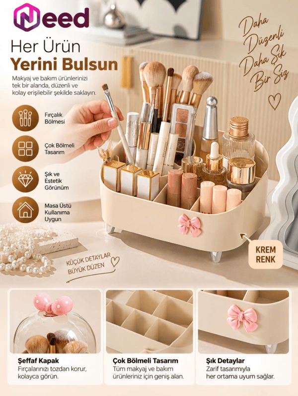 Need Şeffaf Kapaklı Toz Korumalı Fırçalık Bölmeli Makyaj Organizeri Kozmetik Düzenleyici – Krem ND-8069-CRM