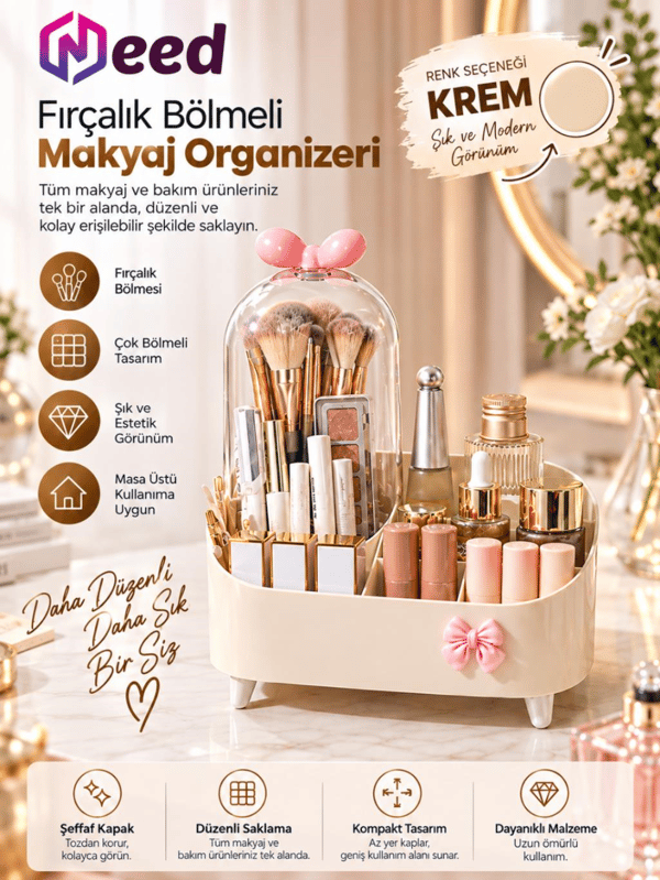 Need Şeffaf Kapaklı Toz Korumalı Fırçalık Bölmeli Makyaj Organizeri Kozmetik Düzenleyici – Krem ND-8069-CRM