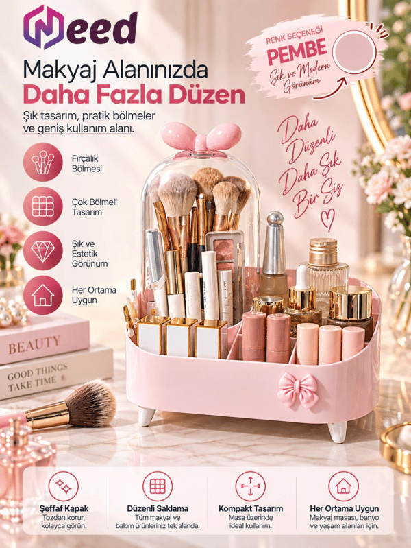 Need Şeffaf Kapaklı Toz Korumalı Fırçalık Bölmeli Makyaj Organizeri Kozmetik Düzenleyici – Pembe ND-8069-PNK