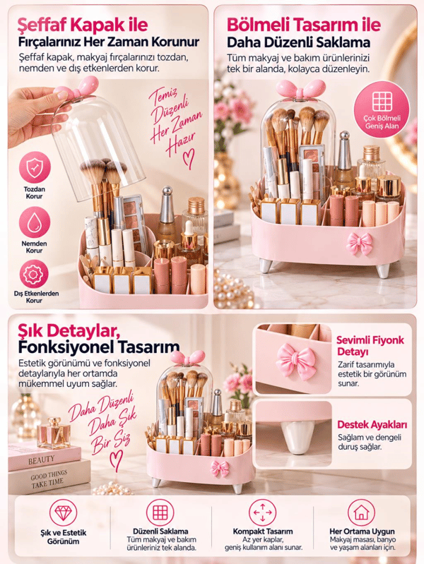 Need Şeffaf Kapaklı Toz Korumalı Fırçalık Bölmeli Makyaj Organizeri Kozmetik Düzenleyici – Pembe ND-8069-PNK