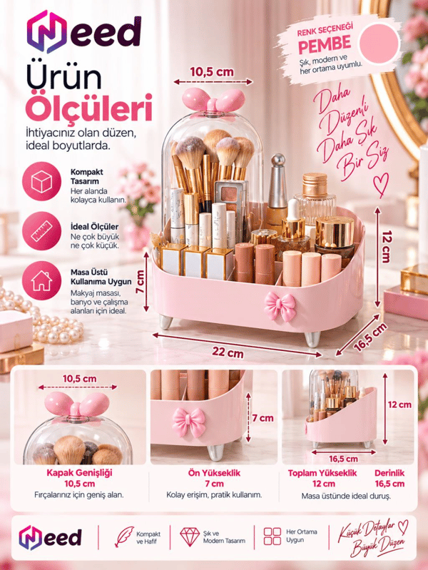 Need Şeffaf Kapaklı Toz Korumalı Fırçalık Bölmeli Makyaj Organizeri Kozmetik Düzenleyici – Pembe ND-8069-PNK
