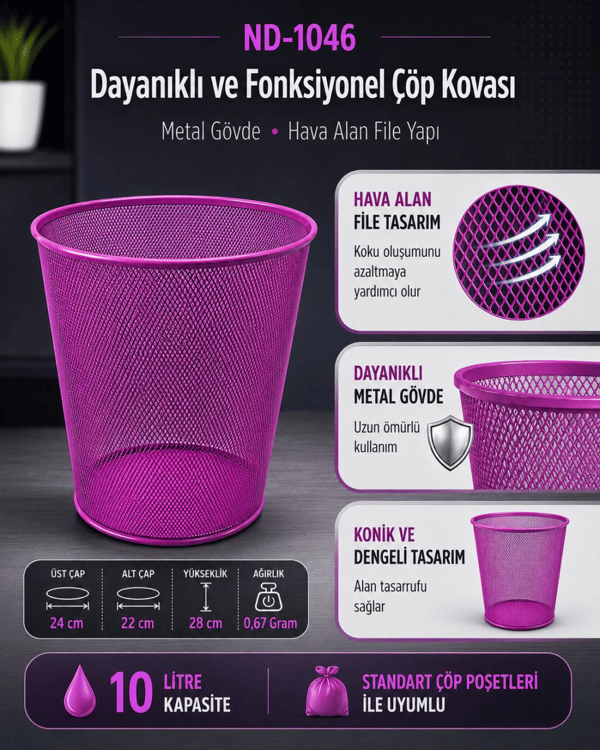 Need Tam Delikli Metal Fileli Mor Çöp Kovası - ND-1046