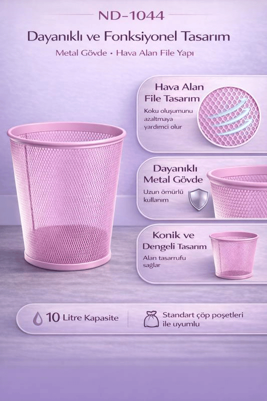 Need Tam Delikli Metal Fileli Toz Pembe Çöp Kovası - ND-1044
