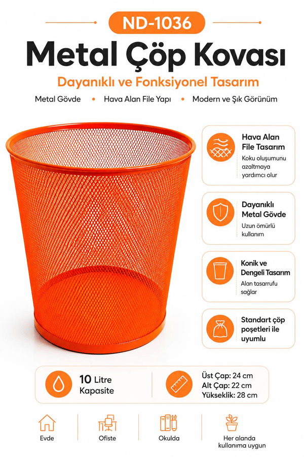 Need Tam Delikli Metal Fileli Turuncu Çöp Kovası - ND-1036