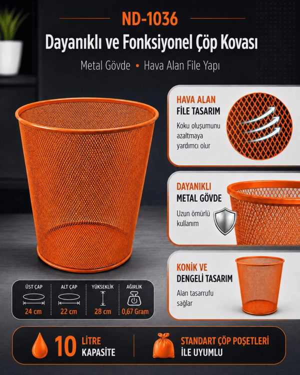 Need Tam Delikli Metal Fileli Turuncu Çöp Kovası - ND-1036