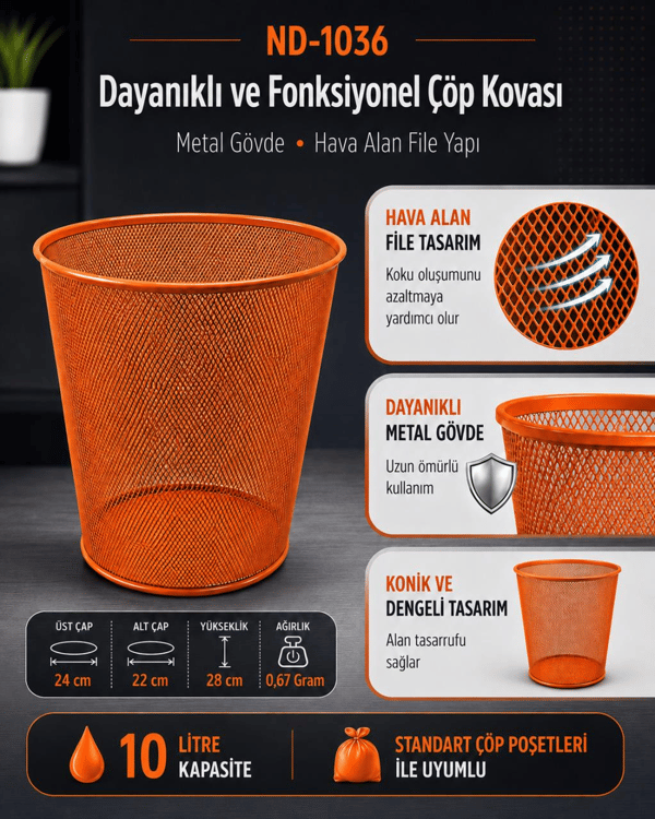 Need Tam Delikli Metal Fileli Turuncu Çöp Kovası - ND-1036