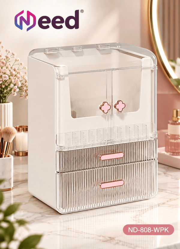 Need Yonca Kulplu Dolap Tasarımlı Çekmeceli Makyaj ve Kozmetik Organizeri – Beyaz / Pembe Kulp – ND-808-WPK