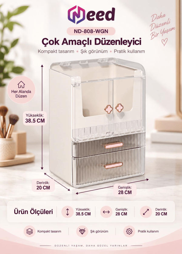 Need Yonca Kulplu Dolap Tasarımlı Çekmeceli Makyaj ve Kozmetik Organizeri – Beyaz / Pembe Kulp – ND-808-WPK