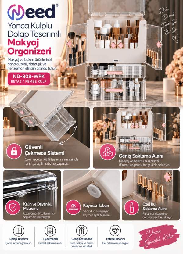 Need Yonca Kulplu Dolap Tasarımlı Çekmeceli Makyaj ve Kozmetik Organizeri – Beyaz / Pembe Kulp – ND-808-WPK