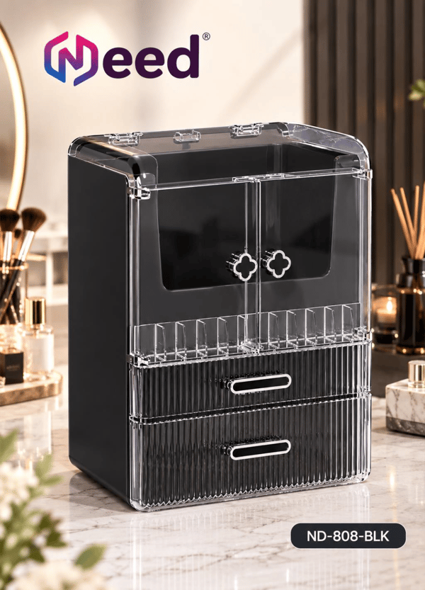 Need Yonca Kulplu Dolap Tasarımlı Çekmeceli Makyaj ve Kozmetik Organizeri – Siyah / Siyah Kulp – ND-808-BLK