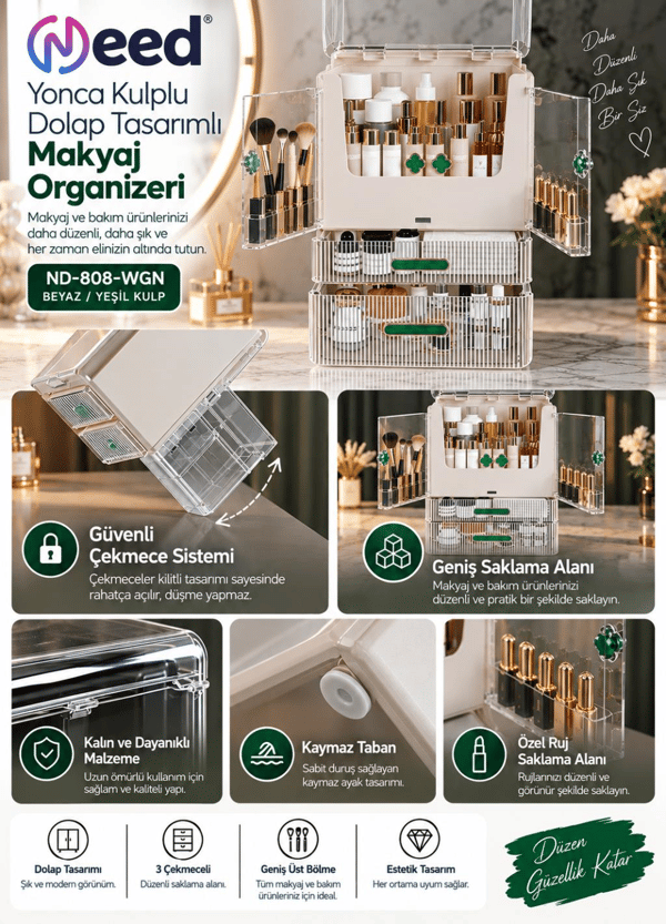 Need Yonca Kulplu Dolap Tasarımlı Çekmeceli Makyaj ve Kozmetik Organizeri – Beyaz / Yeşil Kulp – ND-808-WGN