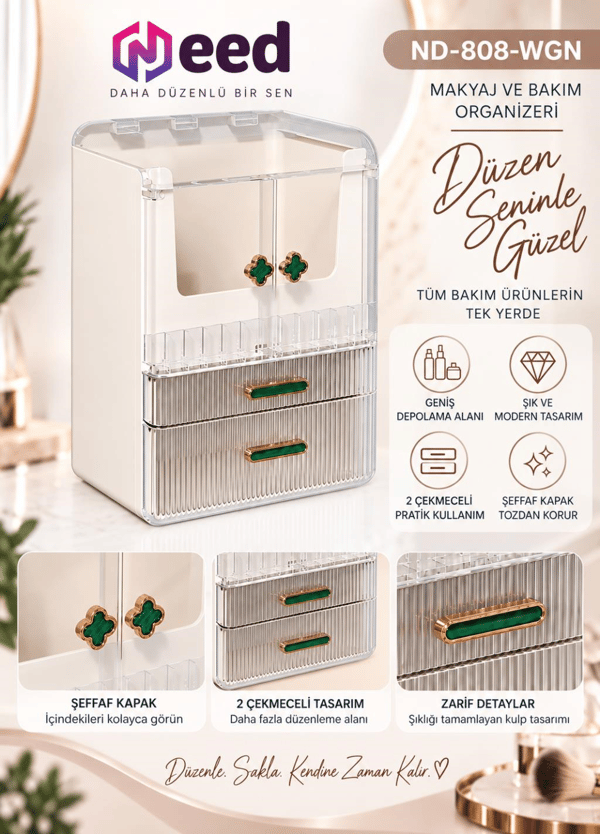 Need Yonca Kulplu Dolap Tasarımlı Çekmeceli Makyaj ve Kozmetik Organizeri – Beyaz / Yeşil Kulp – ND-808-WGN