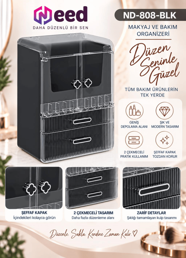 Need Yonca Kulplu Dolap Tasarımlı Çekmeceli Makyaj ve Kozmetik Organizeri – Siyah / Siyah Kulp – ND-808-BLK