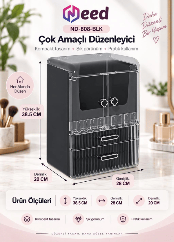 Need Yonca Kulplu Dolap Tasarımlı Çekmeceli Makyaj ve Kozmetik Organizeri – Siyah / Siyah Kulp – ND-808-BLK