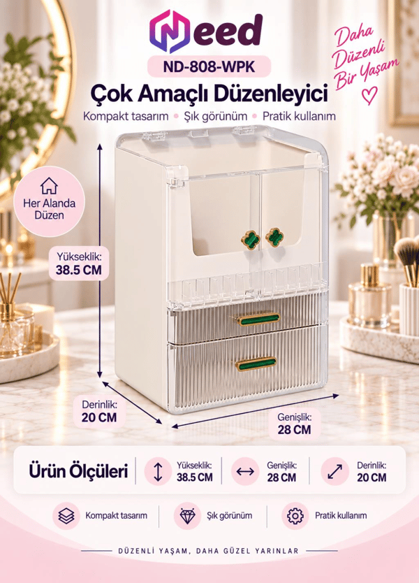 Need Yonca Kulplu Dolap Tasarımlı Çekmeceli Makyaj ve Kozmetik Organizeri – Beyaz / Yeşil Kulp – ND-808-WGN