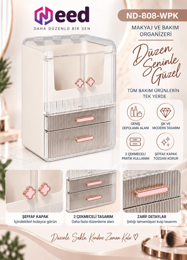 Need Yonca Kulplu Dolap Tasarımlı Çekmeceli Makyaj ve Kozmetik Organizeri – Beyaz / Pembe Kulp – ND-808-WPK