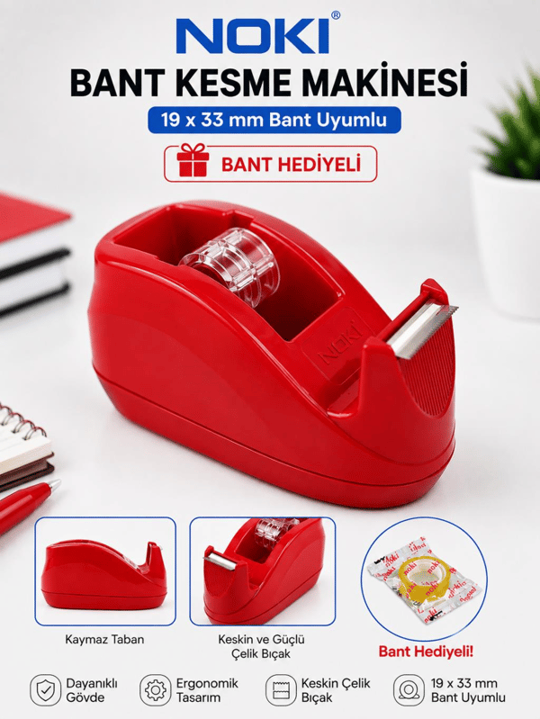 Noki Bant Kesme Makinesi Kırmızı | 12 x 33 ve 19 x 33 mm Bant Uyumlu + Bant Hediyeli