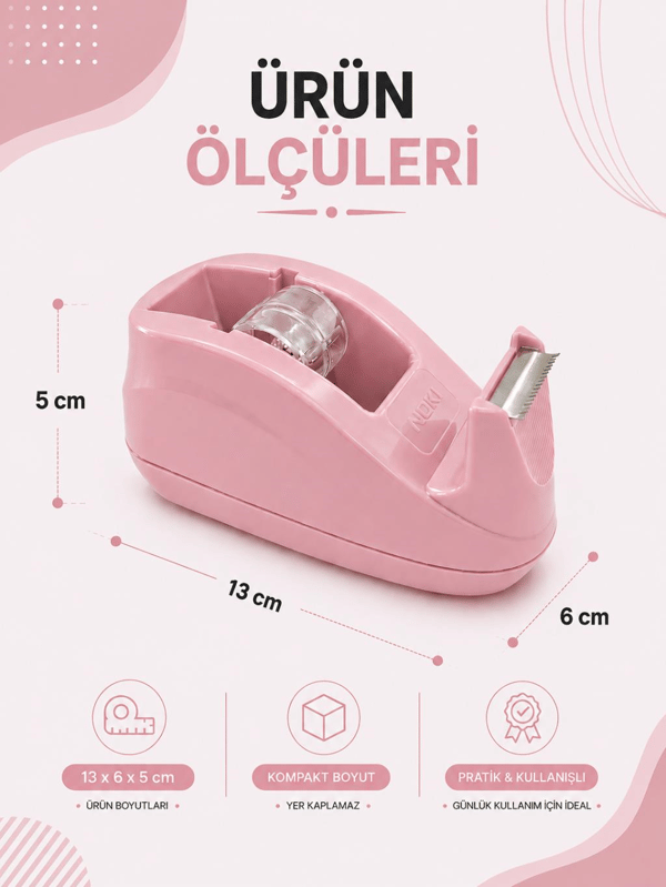 Noki Bant Kesme Makinesi Toz Pembe | 12 x 33 ve 19 x 33 mm Bant Uyumlu + Bant Hediyeli