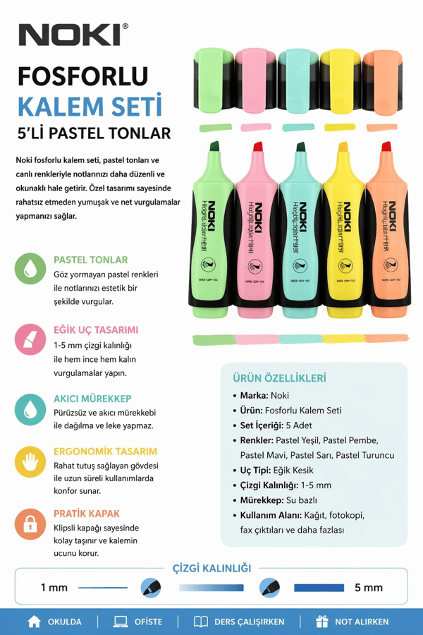 Noki Fosforlu Kalem Seti 5'Li Pastel Tonlar