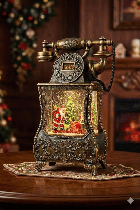 Nostaljik Telefon, müzik fonksiyonlu, LED ışıklı ve hareketli kar, Noel Baba'nın gelişinin gizemi, Bronz kahverengi 32X17X8 cm