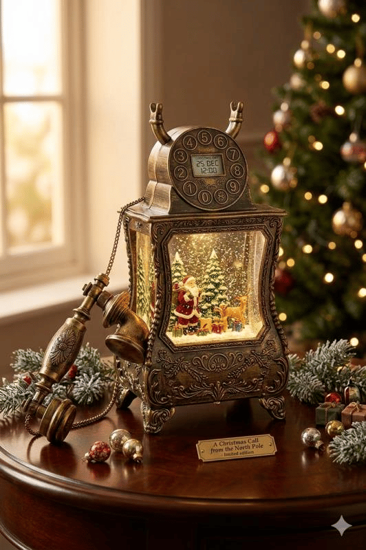 Nostaljik Telefon, müzik fonksiyonlu, LED ışıklı ve hareketli kar, Noel Baba'nın gelişinin gizemi, Bronz kahverengi 32X17X8 cm