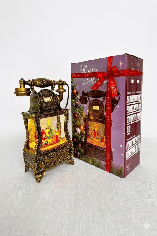 Nostaljik Telefon, müzik fonksiyonlu, LED ışıklı ve hareketli kar, Noel Baba'nın gelişinin gizemi, Bronz kahverengi 32X17X8 cm