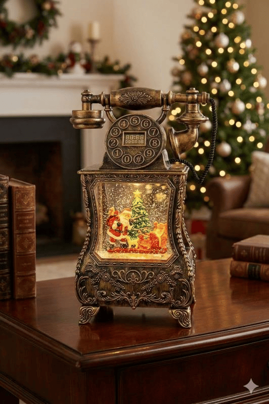 Nostaljik Telefon, müzik fonksiyonlu, LED ışıklı ve hareketli kar, Noel Baba'nın gelişinin gizemi, Bronz kahverengi 32X17X8 cm
