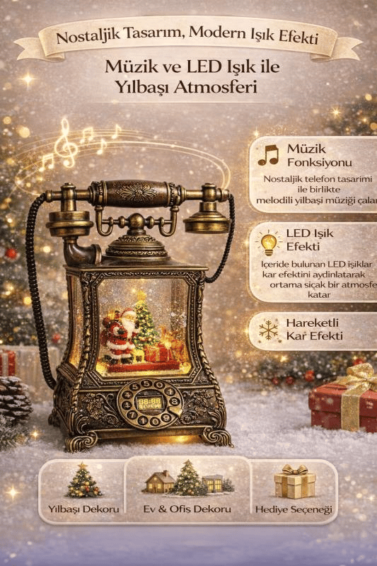 Nostaljik Telefon, müzik fonksiyonlu, LED ışıklı ve hareketli kar, Noel Baba'nın gelişinin gizemi, Bronz kahverengi 32X17X8 cm