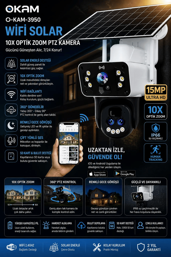 OKam O-KAM-3950 WİFİ solar 10X Optik Zooom Ptz Kamera