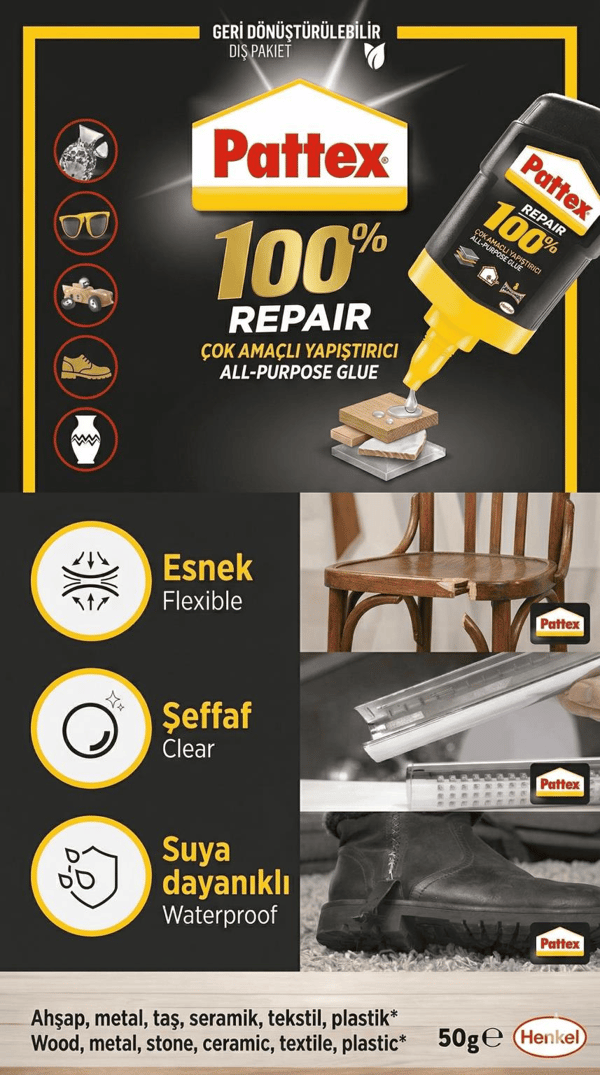 Pattex %100 Repair Gel Çok Amaçlı Yapıştırıcı 50 g | Güçlü & Suya Dayanıklı